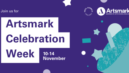 Graphic for Artsmark Celebration Week, 10–14 November, with purple background, stars, confetti, and Artsmark logo. 