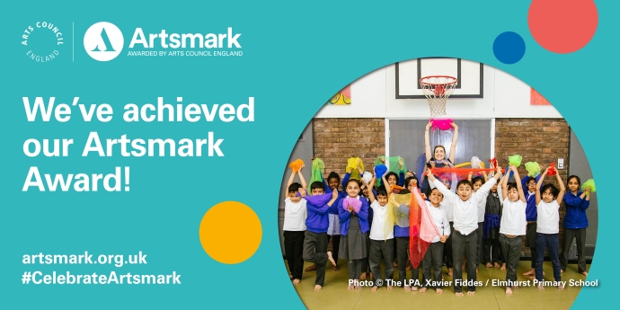 A turquoise backdrop with an photo of a group of children with their arms raised in the air, cheering.