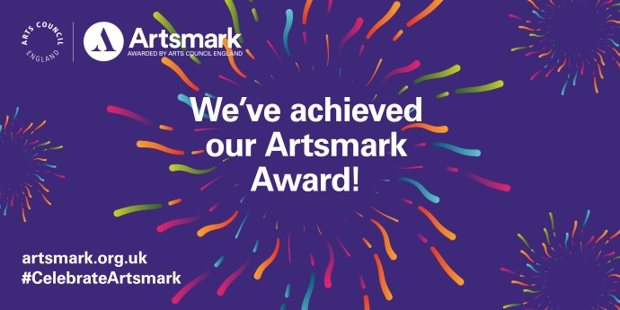 A purple backdrop with exploding lines around the words 'We've achieved our Artsmark Award'