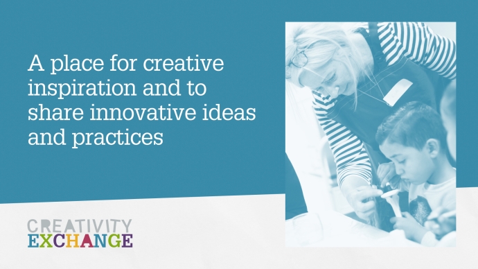 A turquoise banner with a black and white image of a teacher looking down at a boy. 