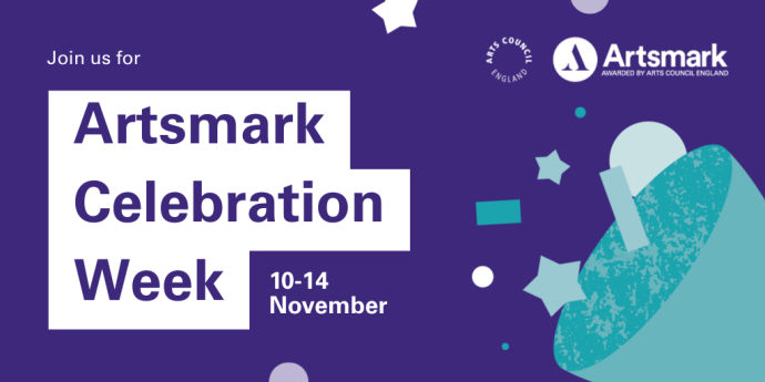 Graphic for Artsmark Celebration Week, 10–14 November, with purple background, stars, confetti, and Artsmark logo. 