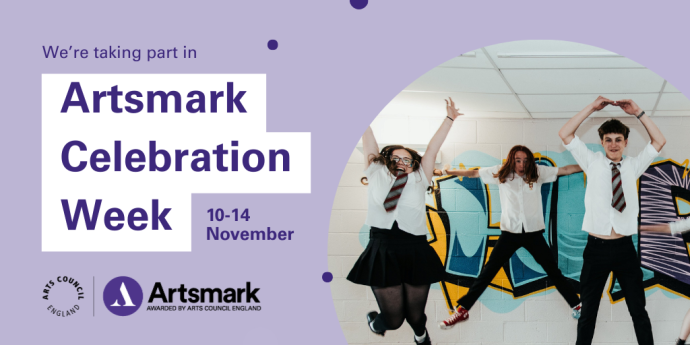 Graphic for Artsmark Celebration Week, 10–14 November, with three students in school uniforms jumping in front of a graffiti wall and event details on a purple background.