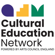 Logo of the Cultural Education Network featuring three colorful geometric shapes above bold black text 'Cultural Education Network', with a smaller subtitle 'POWERED BY ARTS COUNCIL ENGLAND'.