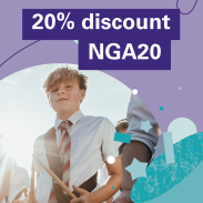 Purple image with boy playing drums with a code for 20% off that says NGA20